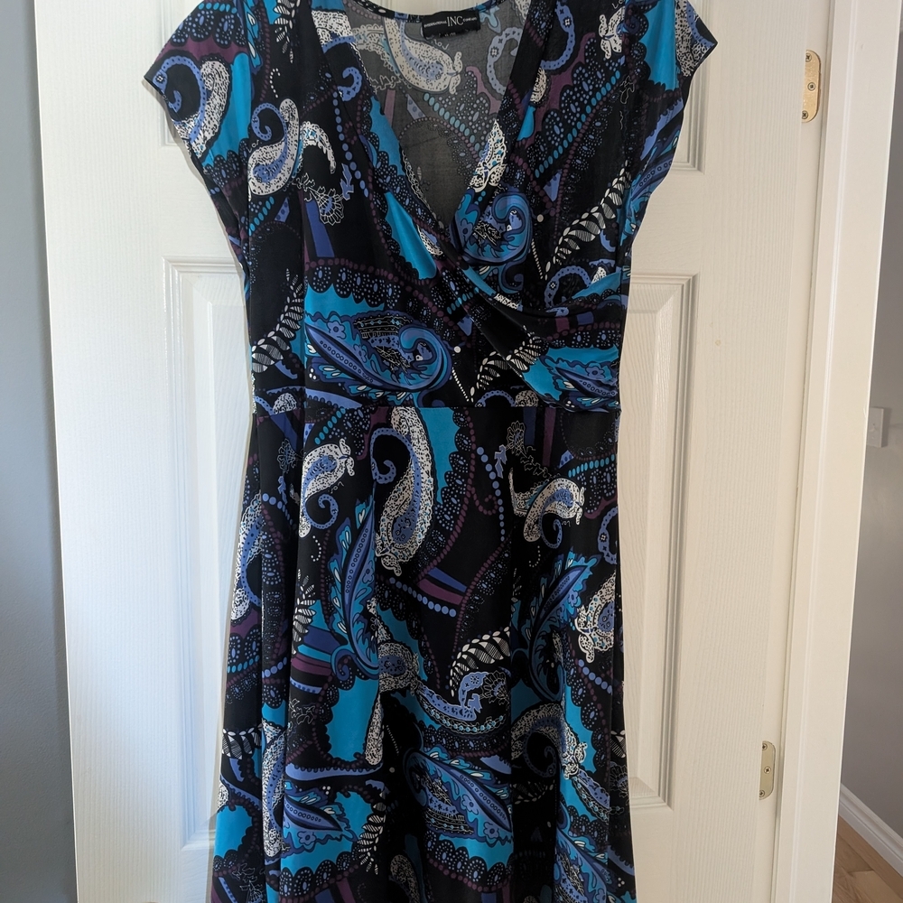 INC International Concepts Blue and Black Tiered Wrap Midi Dress